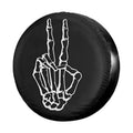 Black spare tire cover with white peace-hand graphic, round dust cover