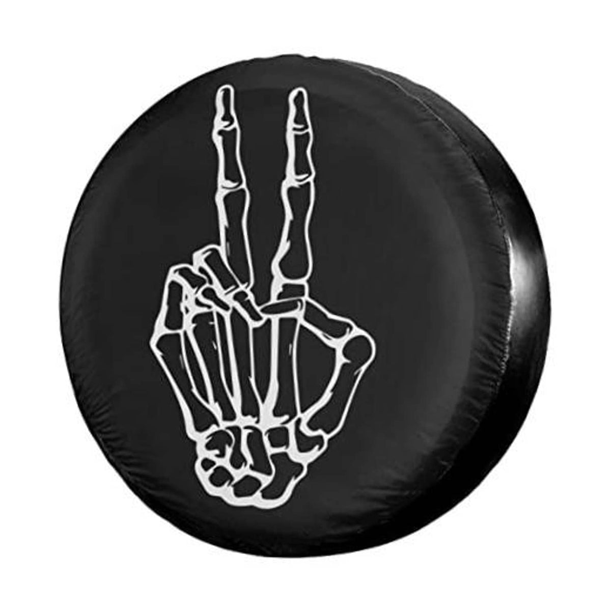 Black spare tire cover with white peace-hand graphic, round dust cover