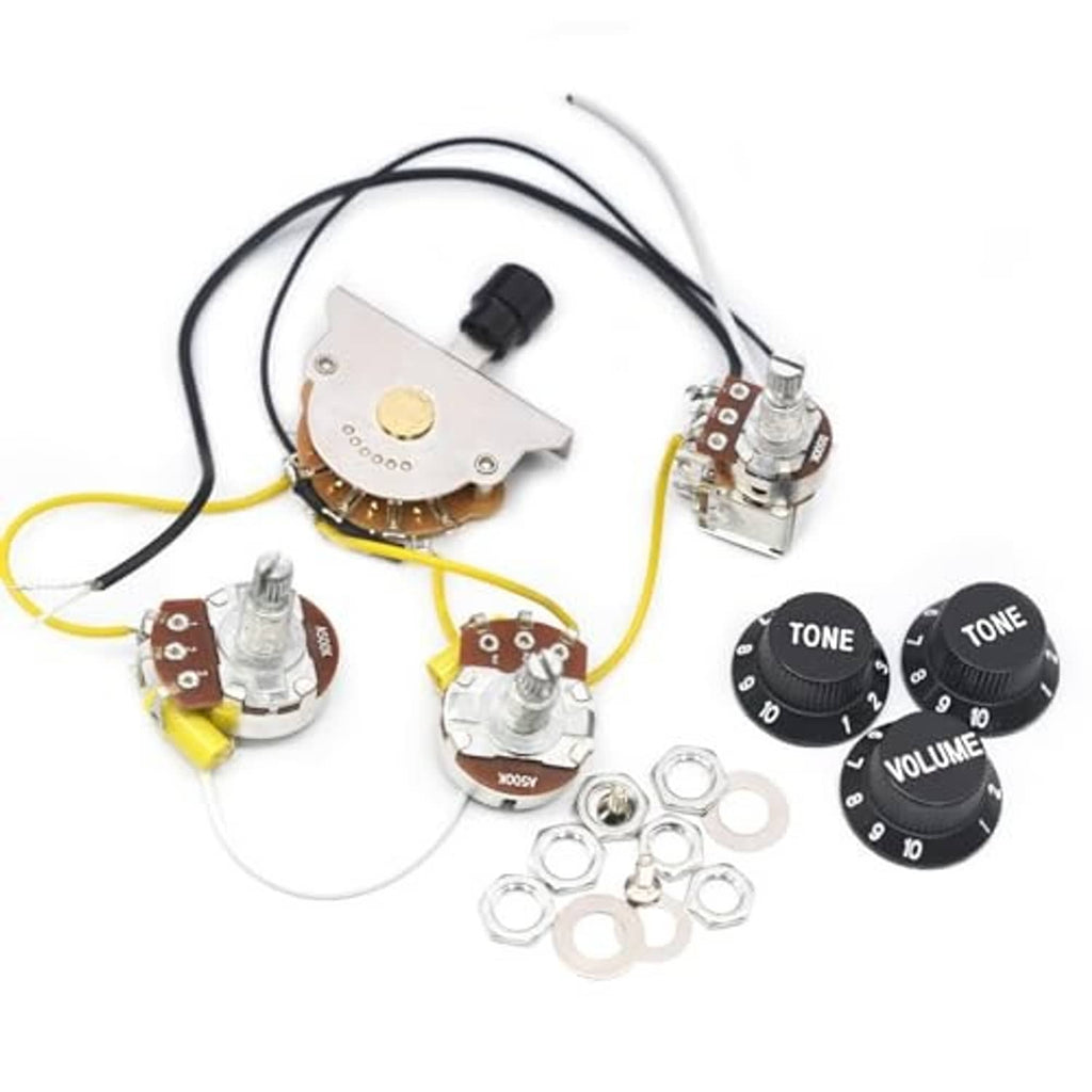 Prewired guitar wiring harness with 5-way blade switch, volume and tone potentiometers, leads