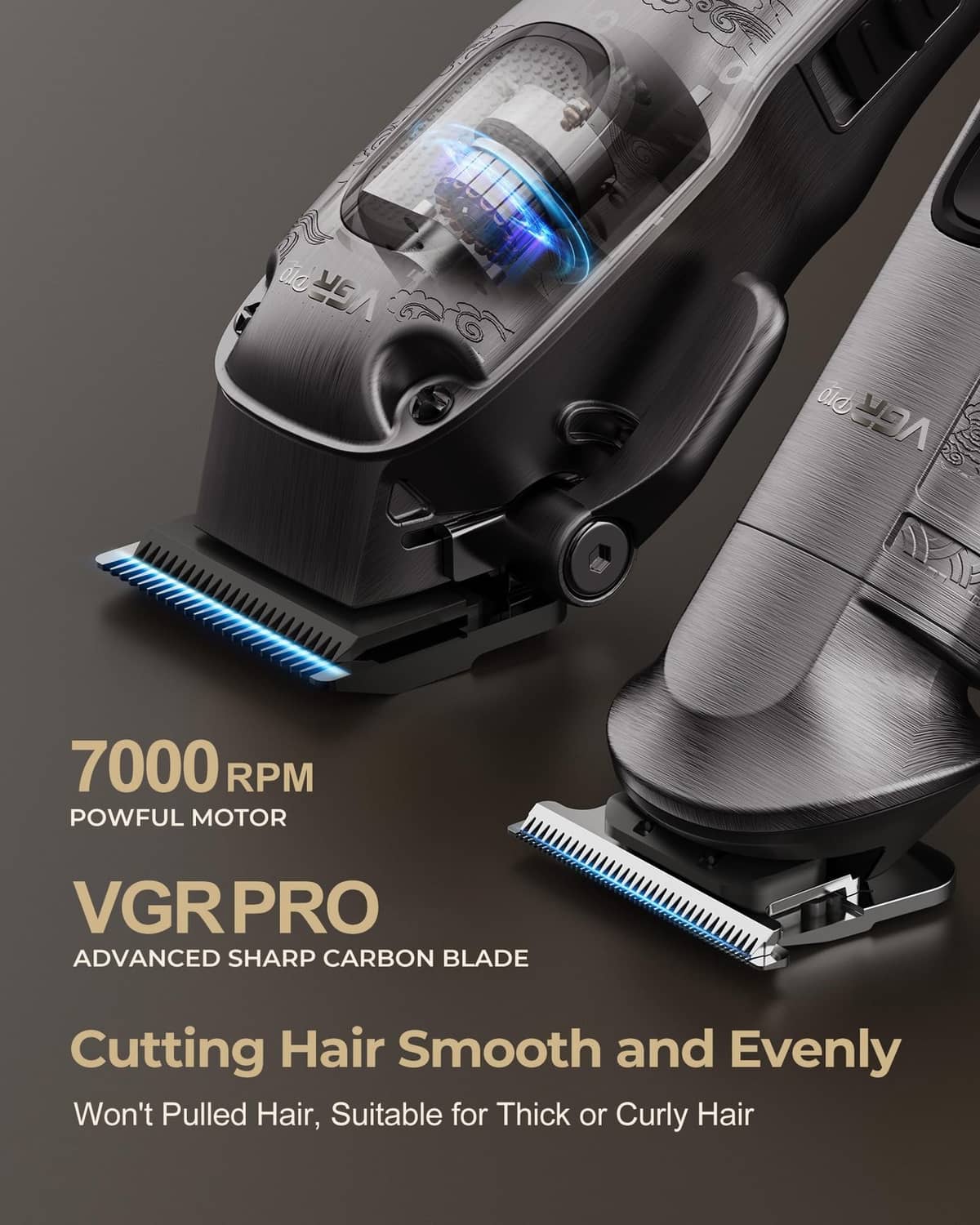 Gray hair clipper close-up with sharp carbon blade and blue cutting edges