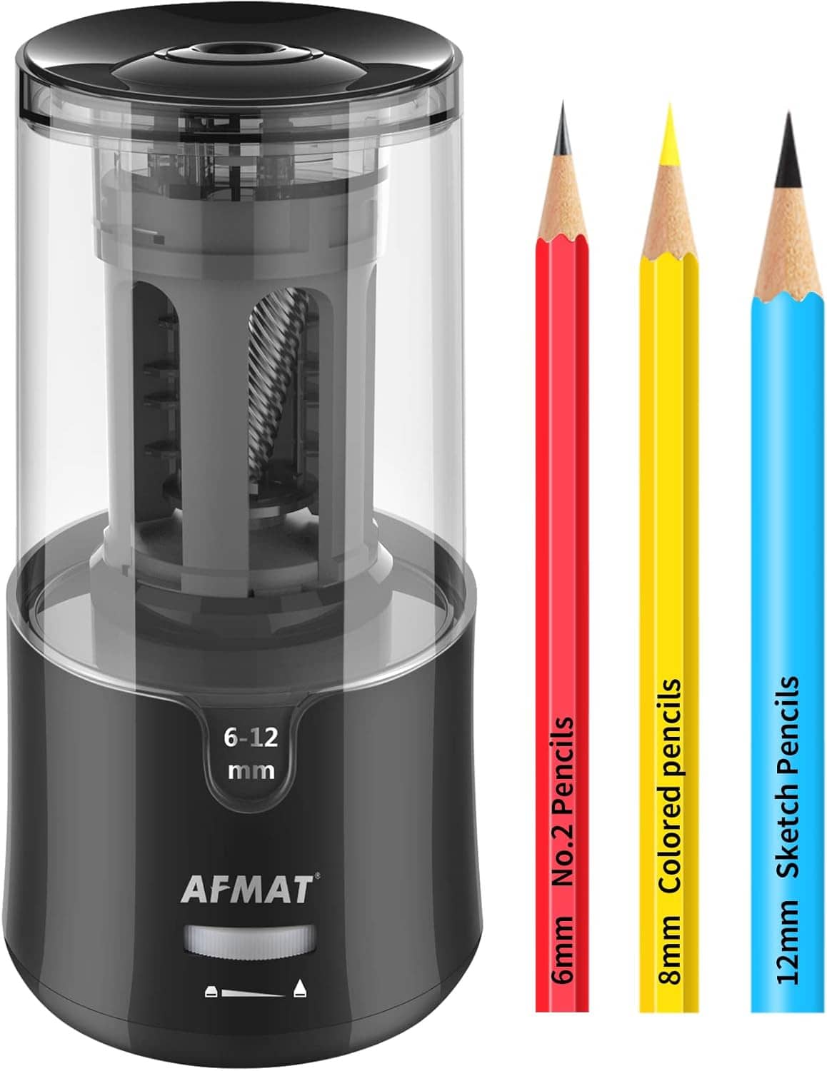 Electric pencil sharpener with transparent chamber and 6–12 mm pencil opening