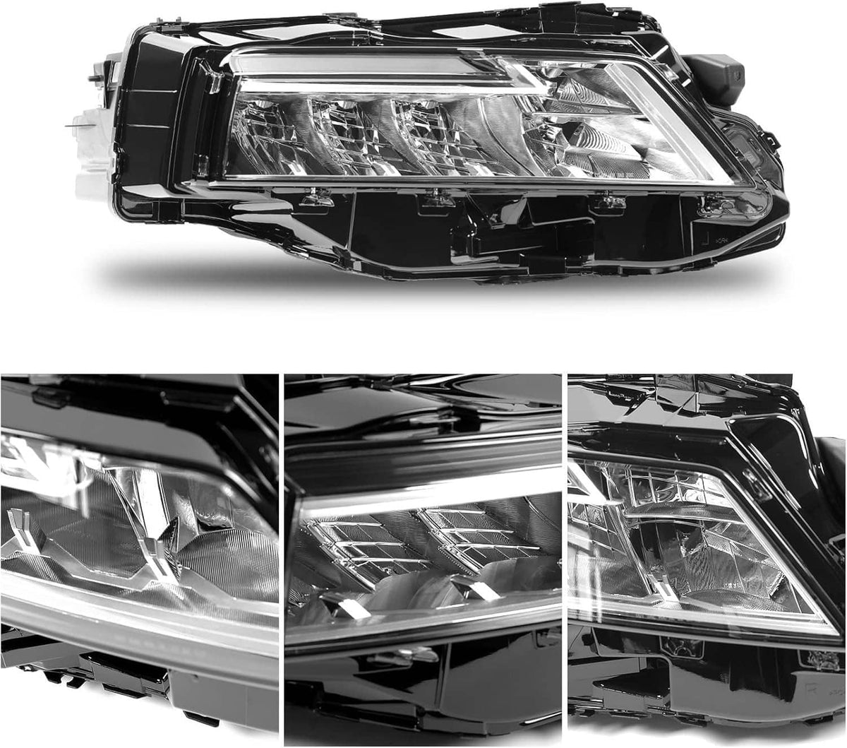 Right passenger-side LED headlight with clear lens shown from multiple angles