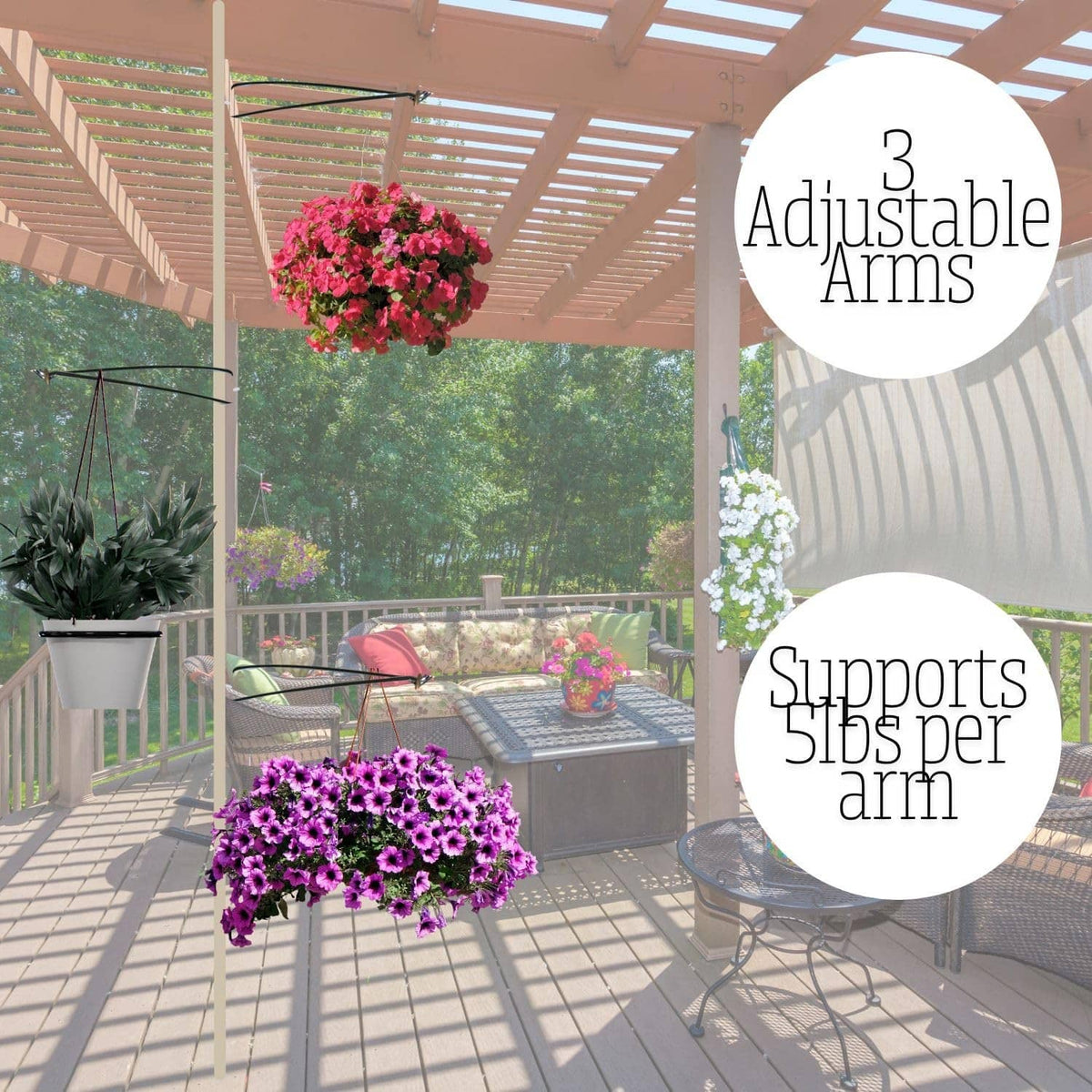 Indoor spring tension rod with three adjustable arms supporting hanging planters