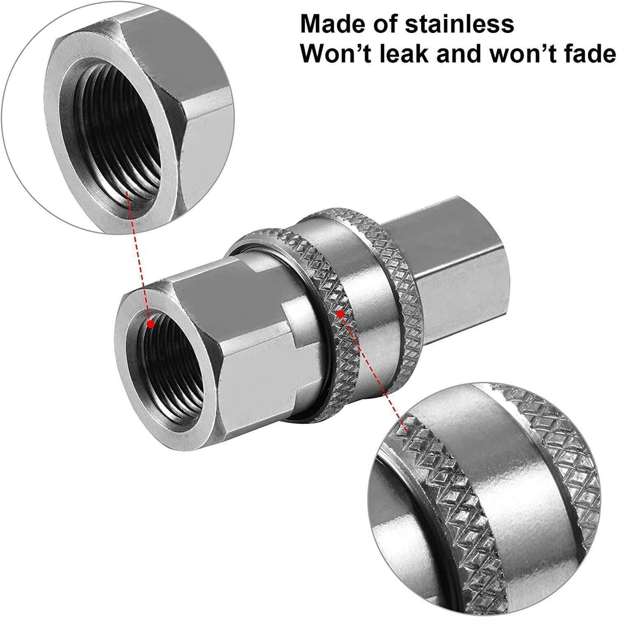 Stainless steel NPT quick connector couplers showing internal threads and seal ring