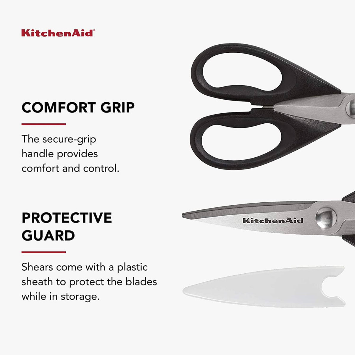 Kitchen shears with black loop handles plus plastic protective sheath for blade storage