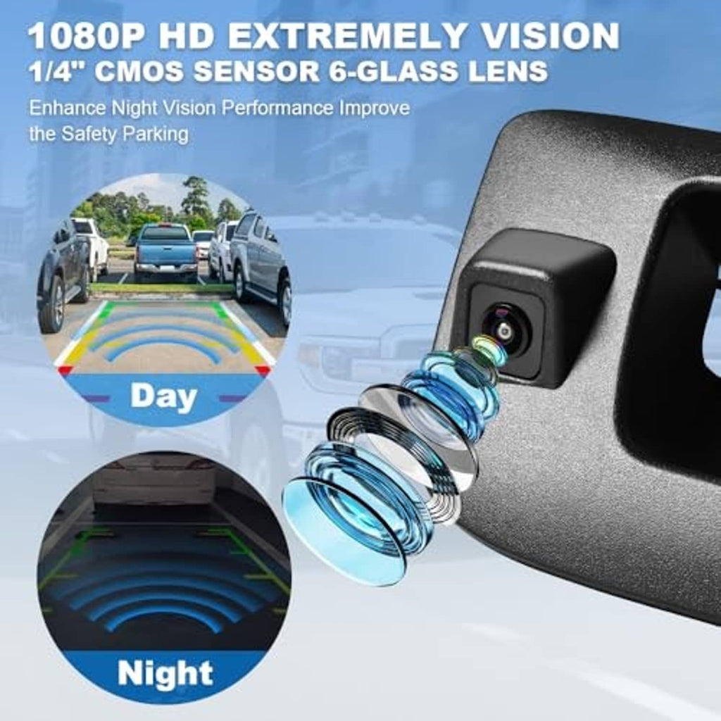 Rear tailgate backup camera handle with visible lens and sprung mounting detail