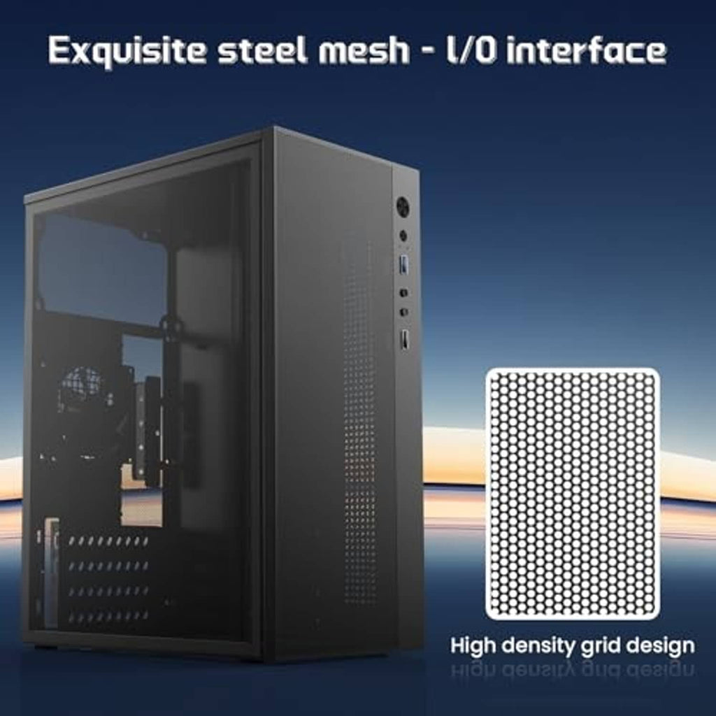 Black PC case with steel mesh panel and side I/O ports