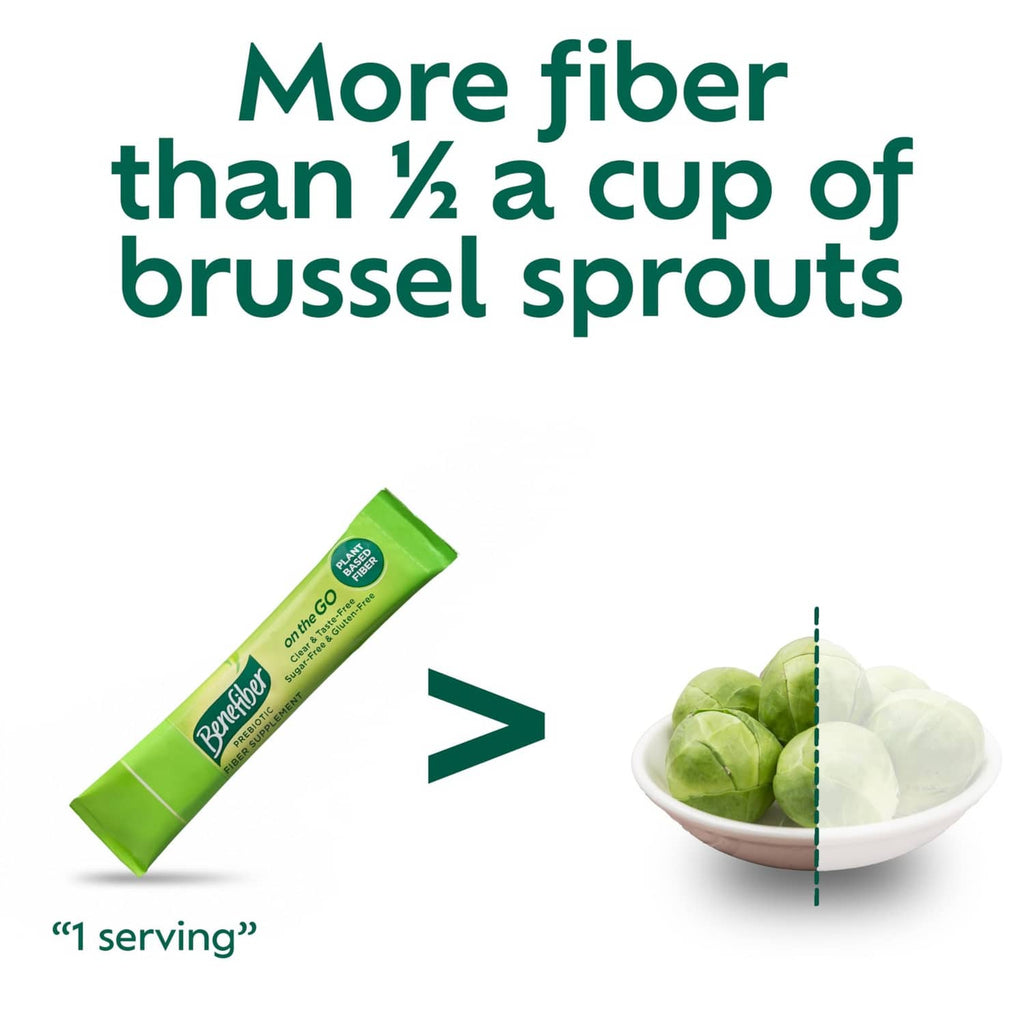 Prebiotic fiber supplement serving comparison with stick pack and brussels sprouts bowl
