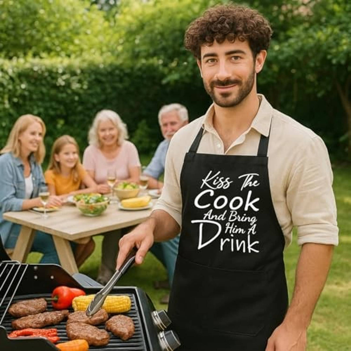 Black grilling apron with “Kiss The Cook” slogan, worn with adjustable straps