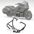 Black motorcycle engine guard crash bar kit with mounting hardware for touring bikes