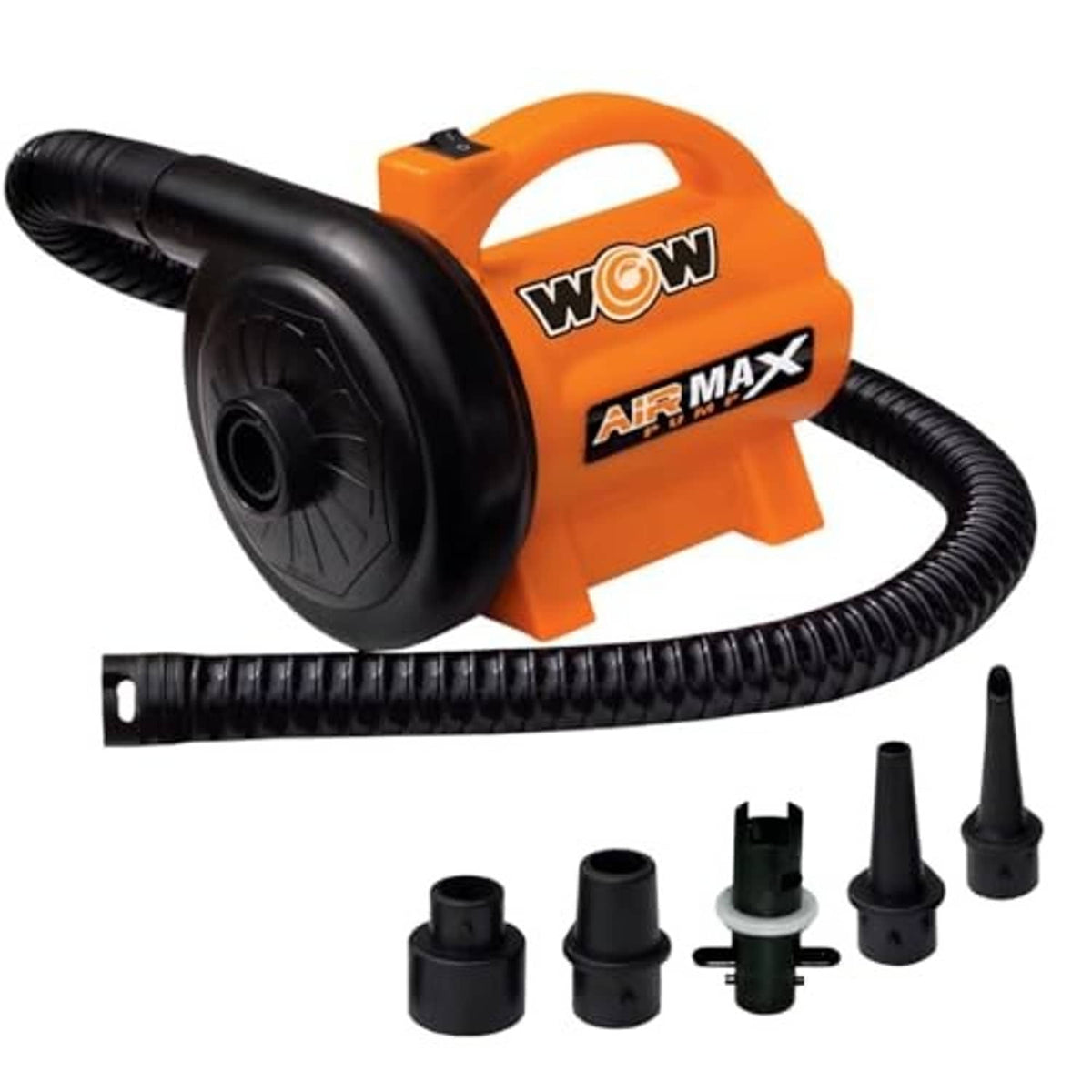 Orange and black electric air pump with hose and black nozzle adapter set