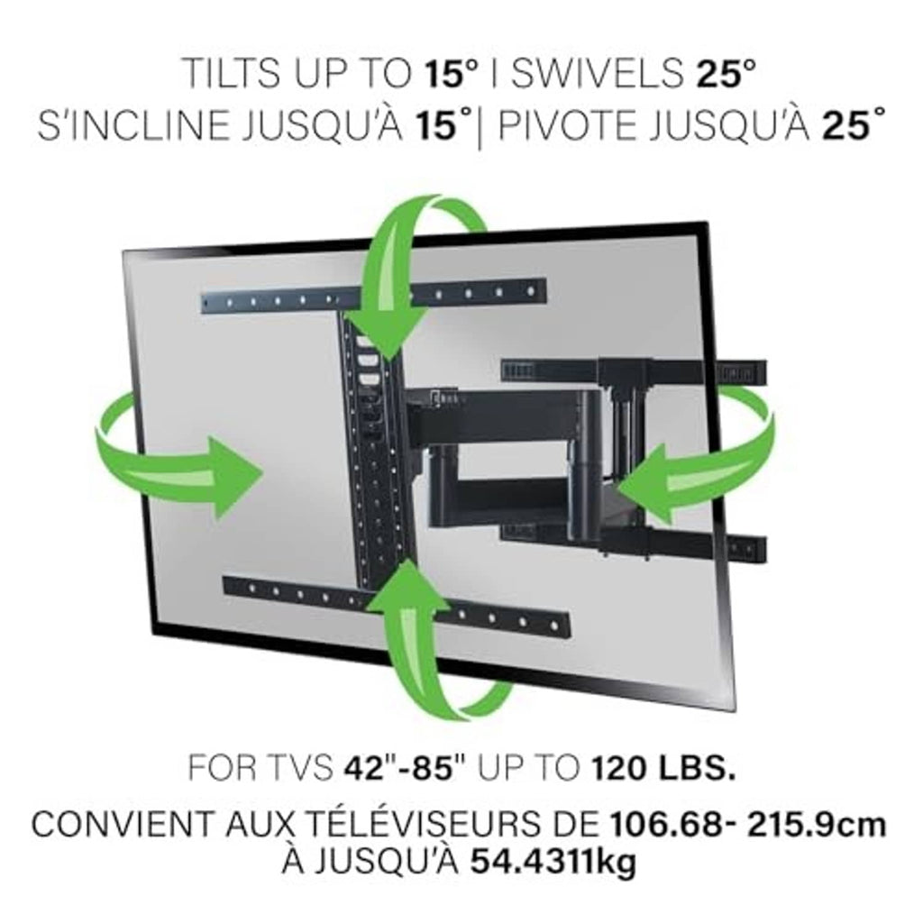 Black full-motion TV mount diagram showing tilt and swivel movement arrows