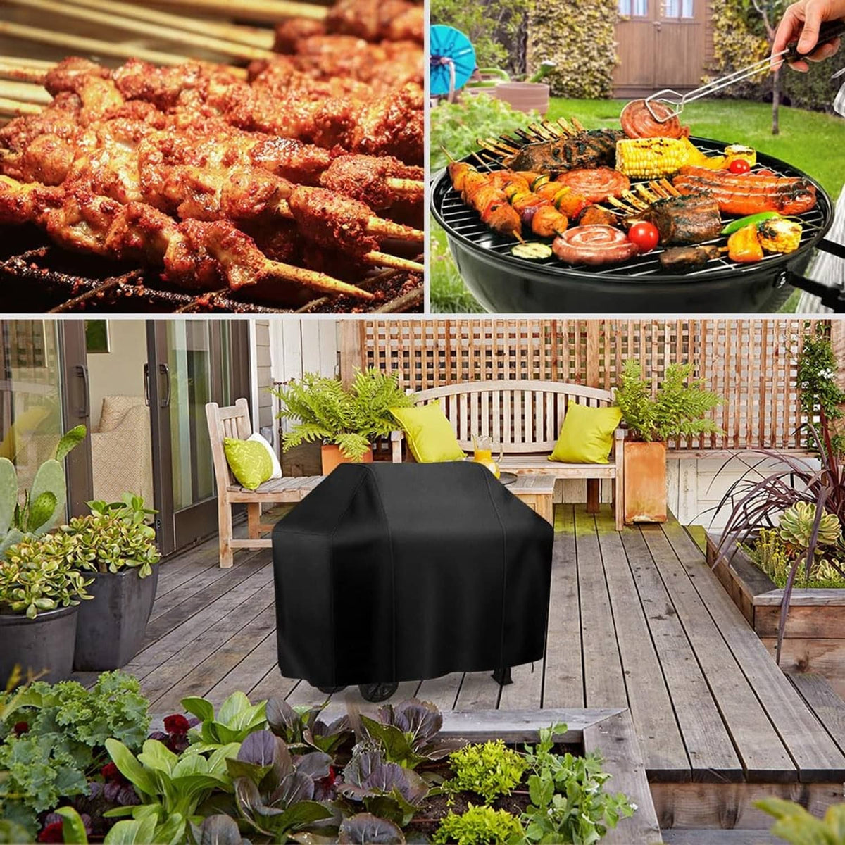 Black grill cover covering a barbecue grill on a patio