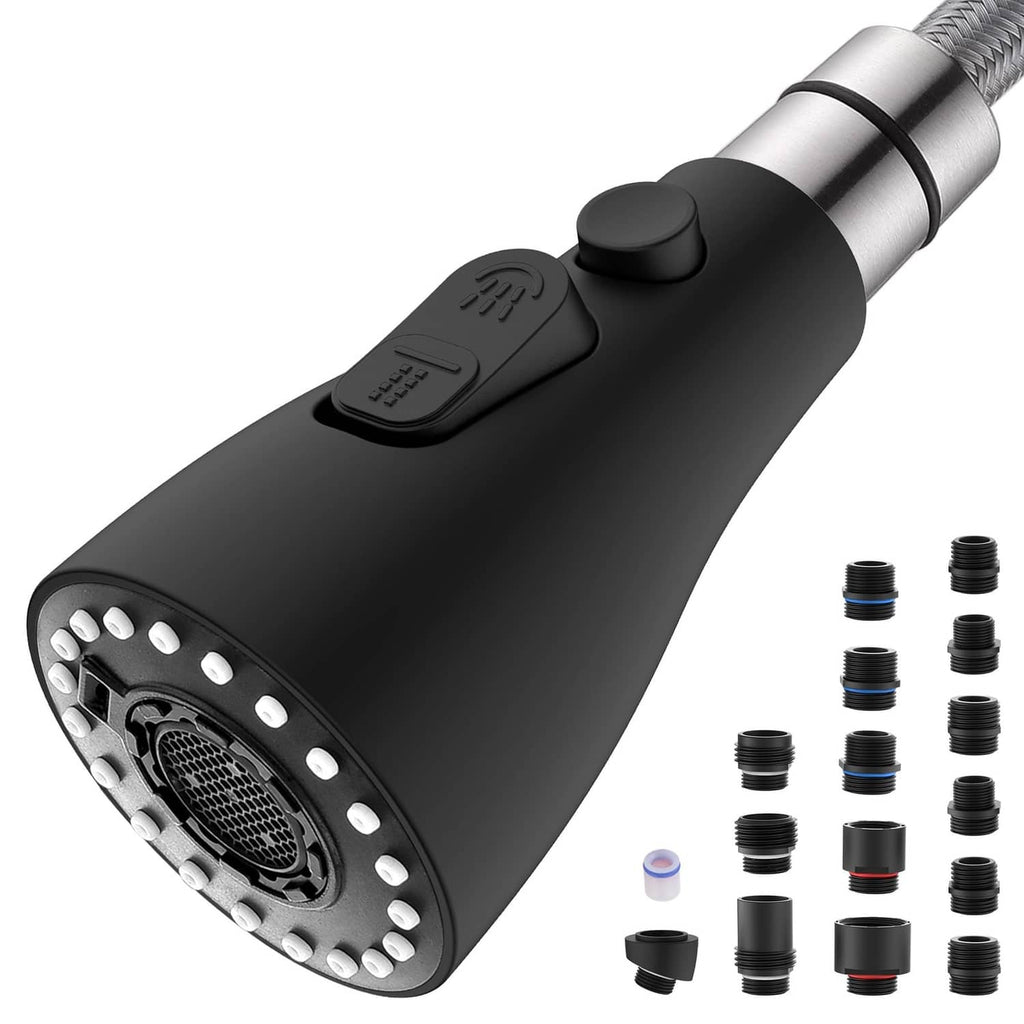 Matte black kitchen faucet sprayer head with control buttons and metal connector