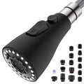 Matte black kitchen faucet sprayer head with control buttons and metal connector