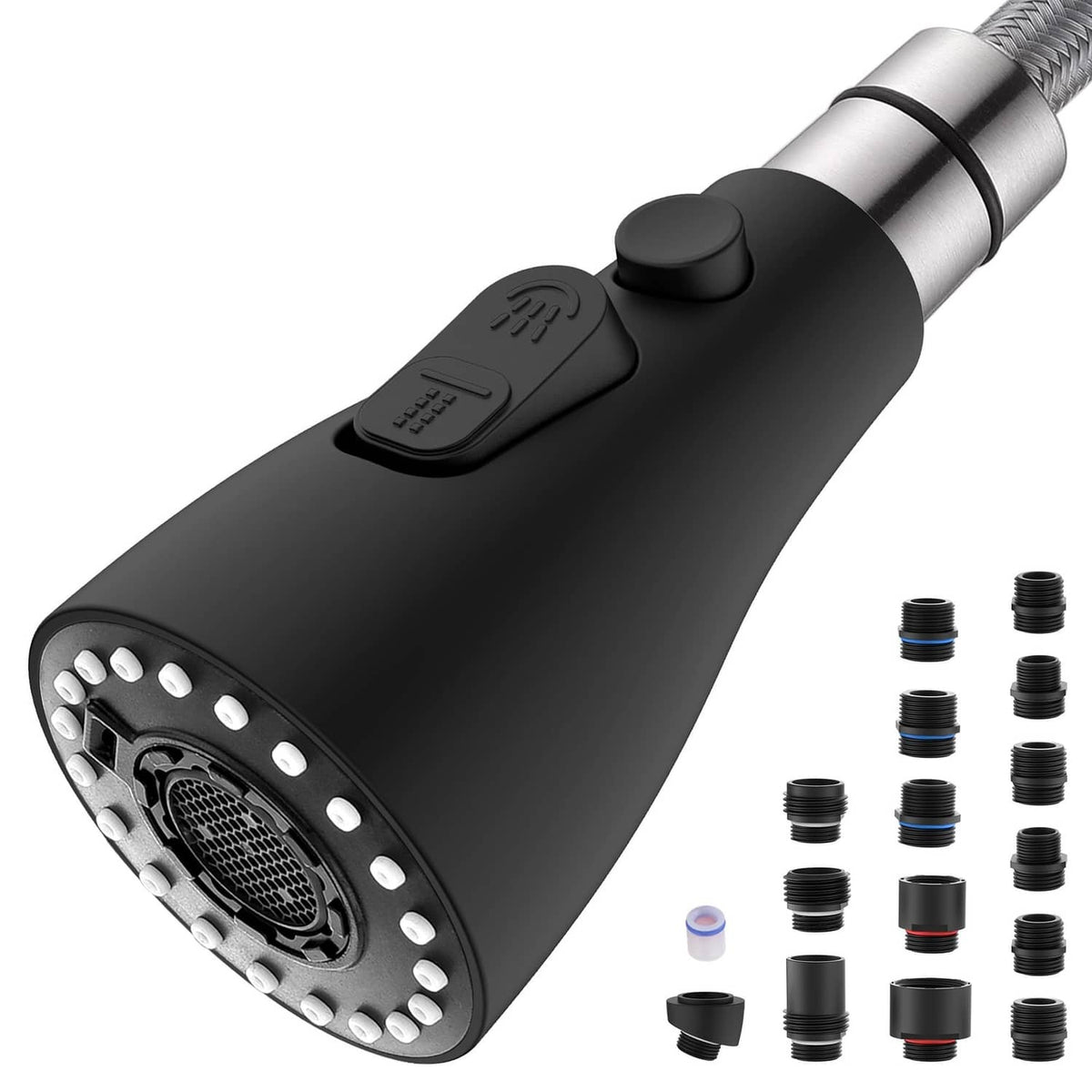 Matte black kitchen faucet sprayer head with control buttons and metal connector