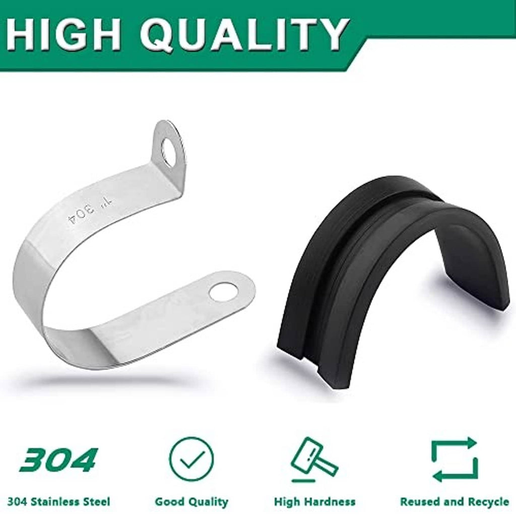 Pair of stainless steel cable clamps with black rubber insulation and mounting holes