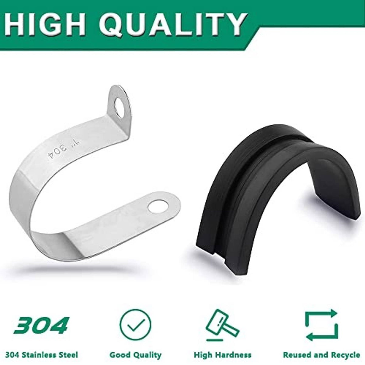 Pair of stainless steel cable clamps with black rubber insulation and mounting holes