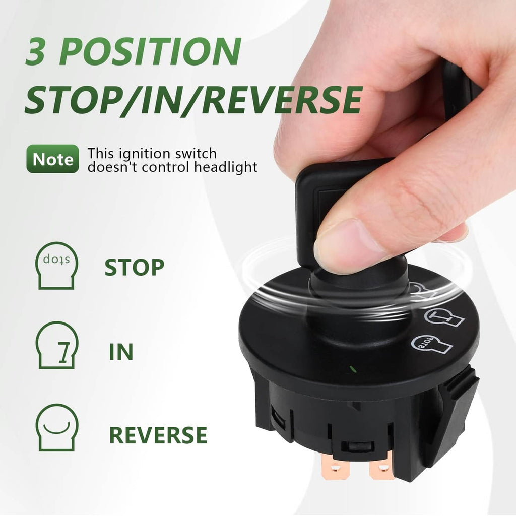 3-position ignition switch held by hand, black STOP/IN/REVERSE selector icons