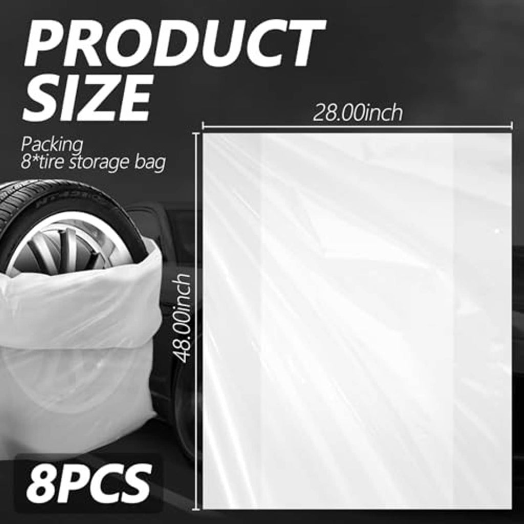 White LDPE tire storage bag with a covered tire, shown beside a large panel