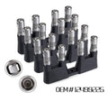 Hydraulic roller lifter set with guide trays, multiple silver lifters on black tray