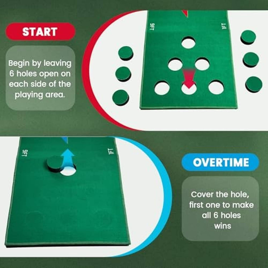 Green folding golf putting mat with cup holes and tee-style ball markers for practice