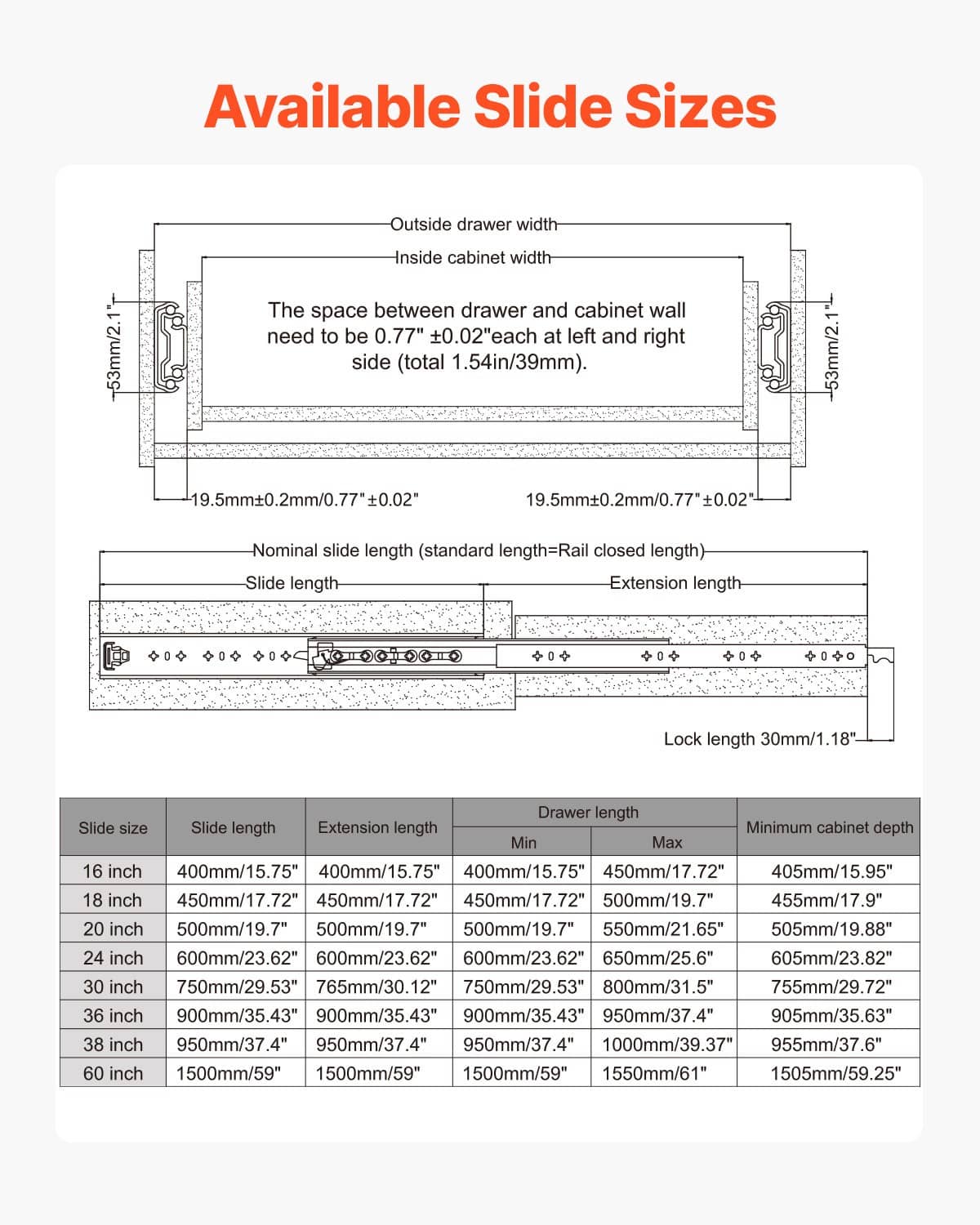 Drawer slide size chart with installation dimensions and extension options