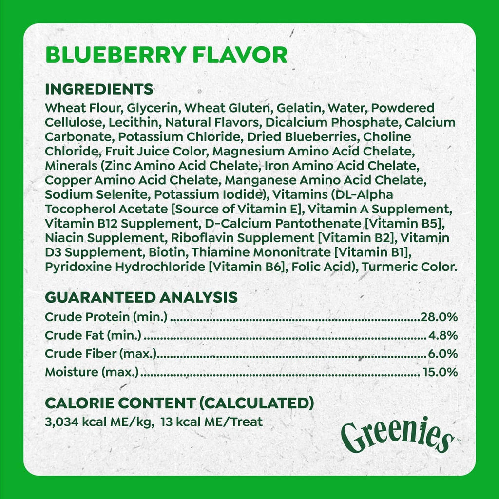 Greenies Anytime Bites blueberry flavor ingredients and guaranteed analysis panel