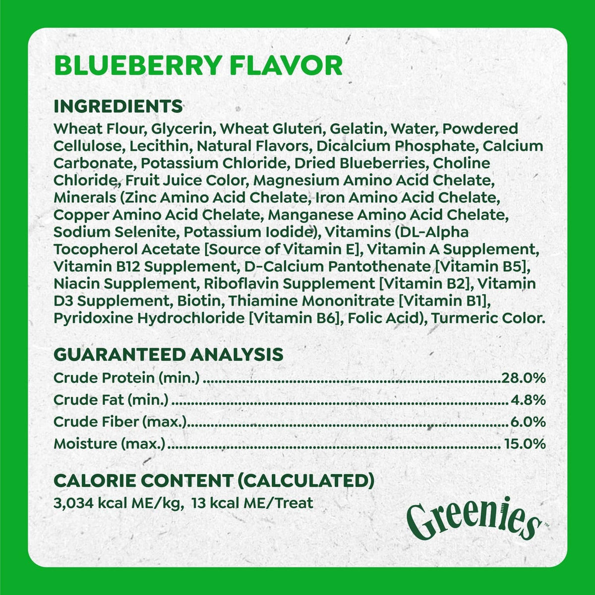 Greenies Anytime Bites blueberry flavor ingredients and guaranteed analysis panel
