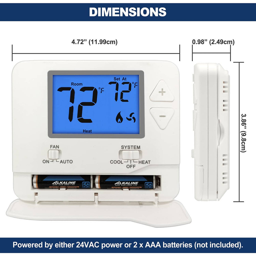Digital thermostat front view with blue screen, buttons, and side dimensions