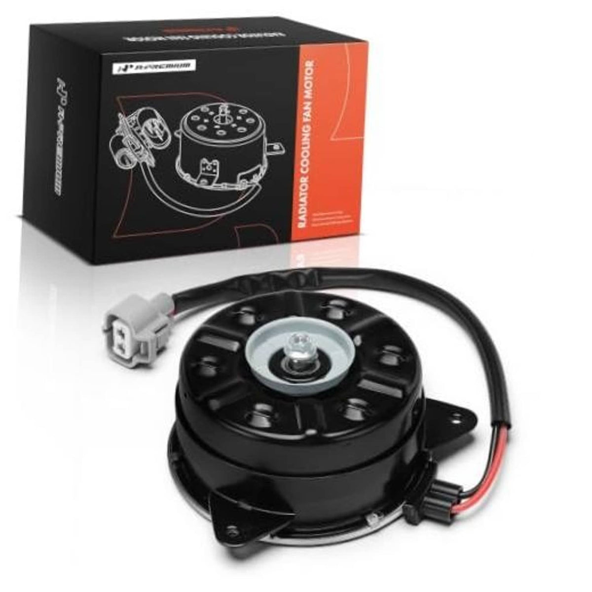 Radiator fan motor assembly with black cooling fan and electrical connector.