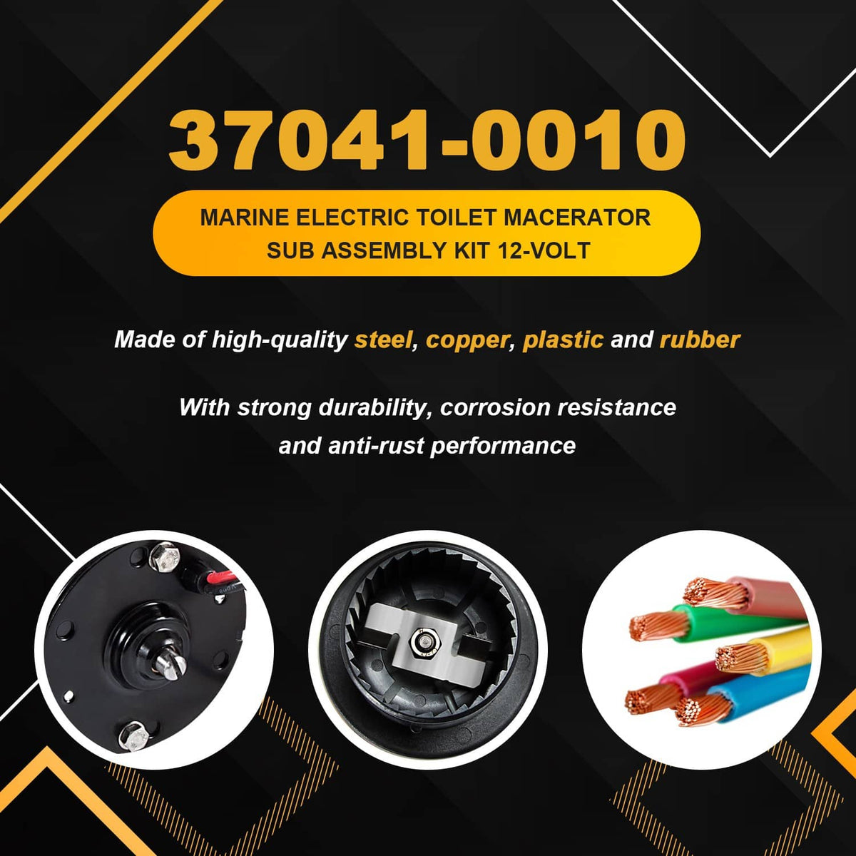 12-volt toilet macerator sub assembly kit with close-up view of motor parts