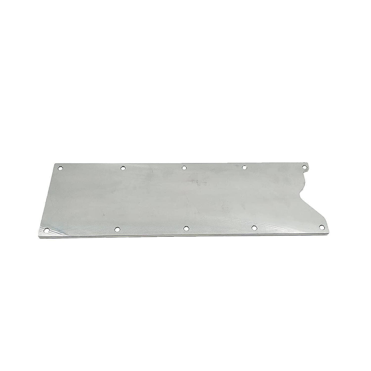 Engine valley cover plate, flat metal panel with multiple bolt holes, silver