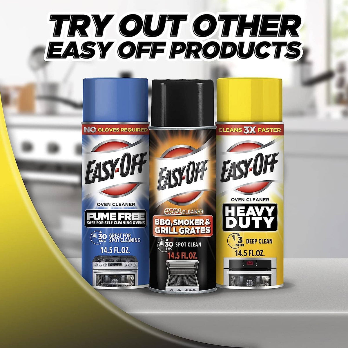 Heavy duty degreaser cleaner aerosol can with Easy-Off branding among other cans