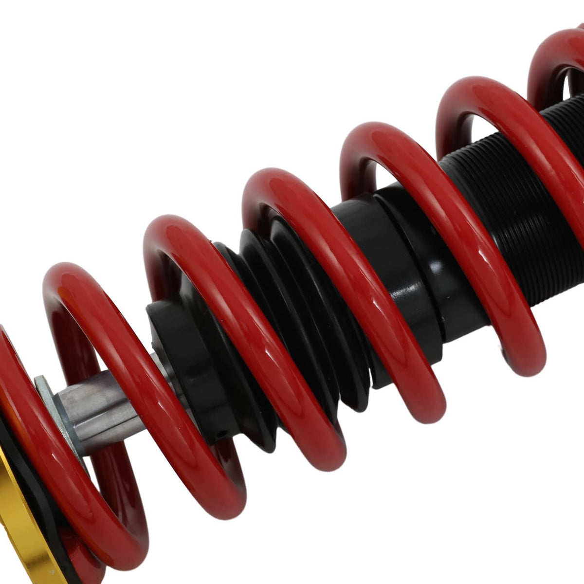 Coilover suspension strut with red coil spring and black shock body