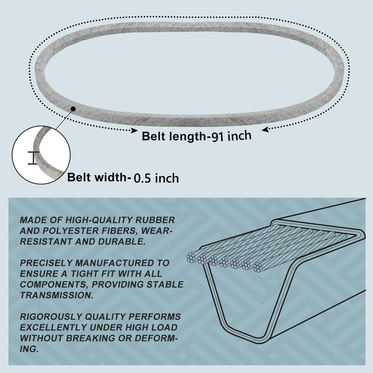 Drive belt, speckled gray; belt length 91 in, width 0.5 in