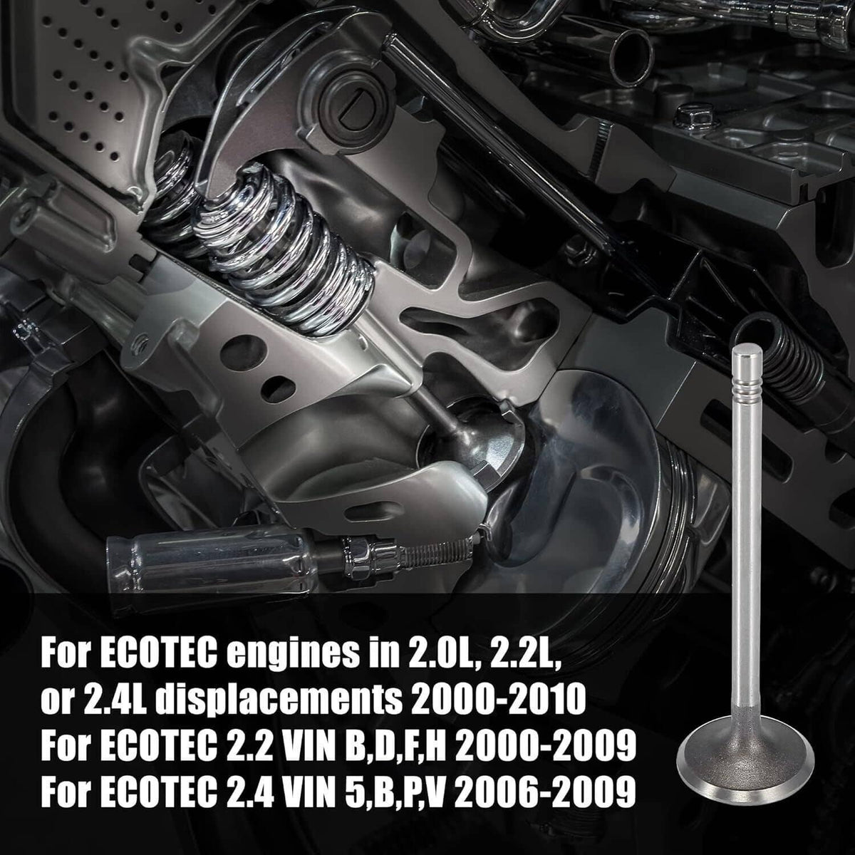 Engine intake/exhaust valves shown on engine assembly, metal disc heads with black stems