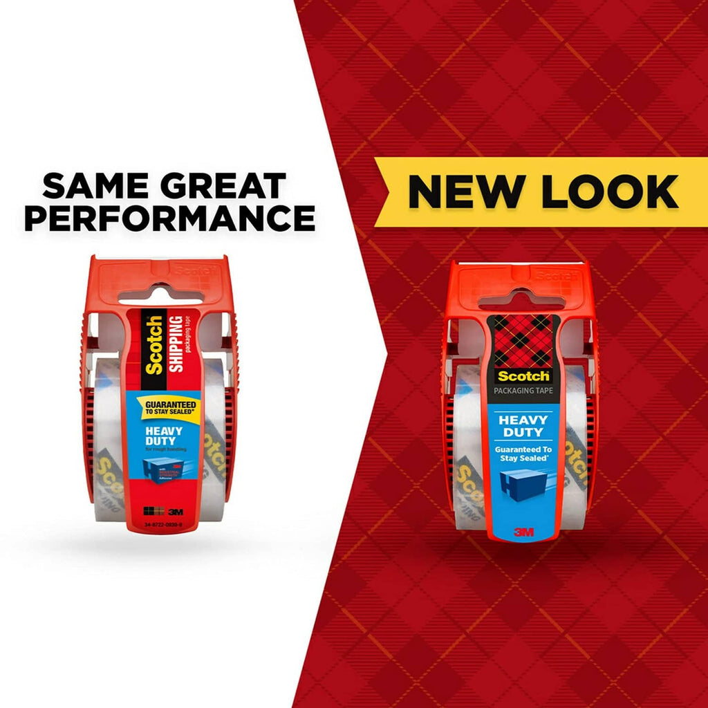 Scotch Heavy Duty packaging tape dispenser showing new look and same performance