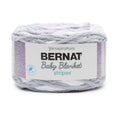Self-striping baby blanket yarn skein, gray, white, and purple stripes