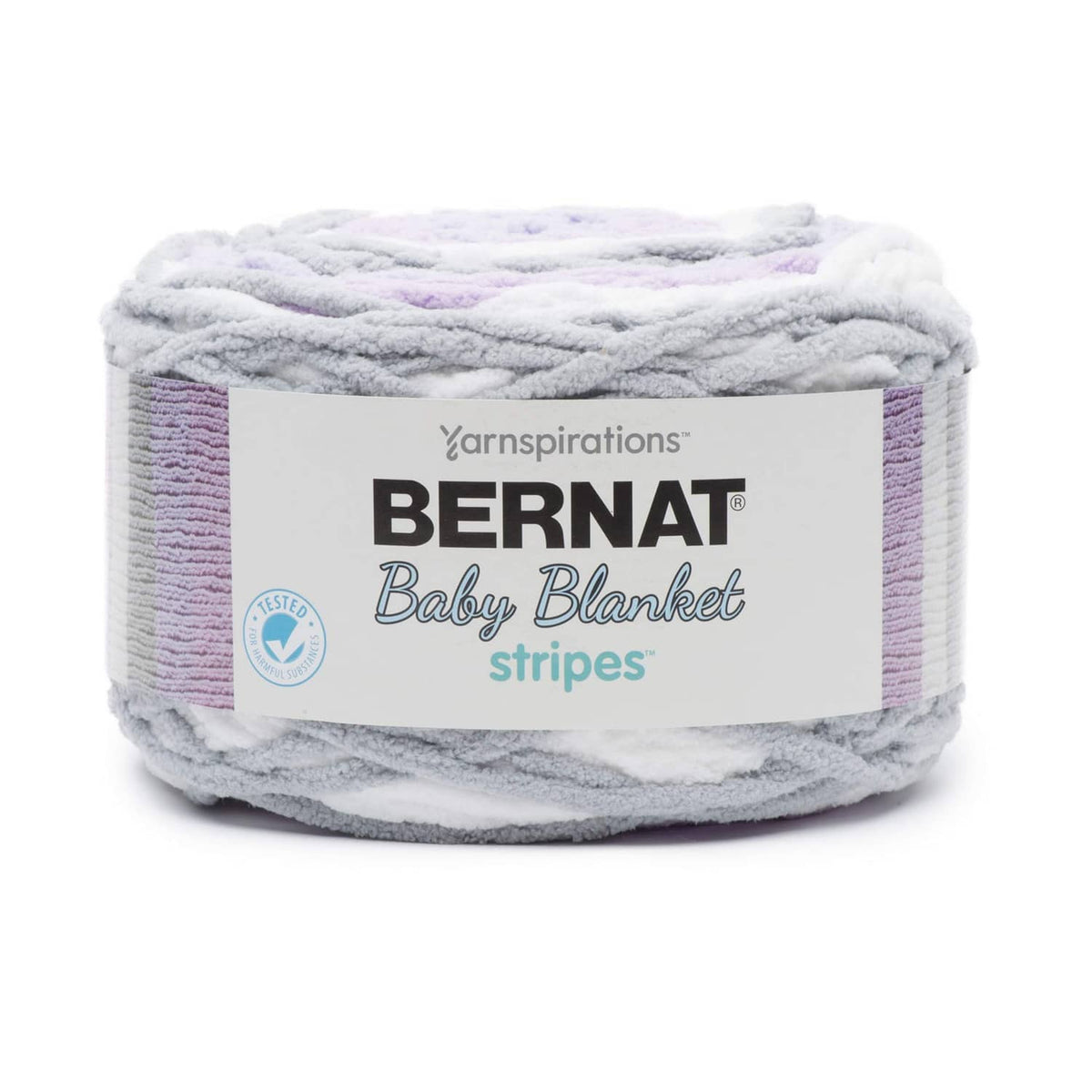 Self-striping baby blanket yarn skein, gray, white, and purple stripes