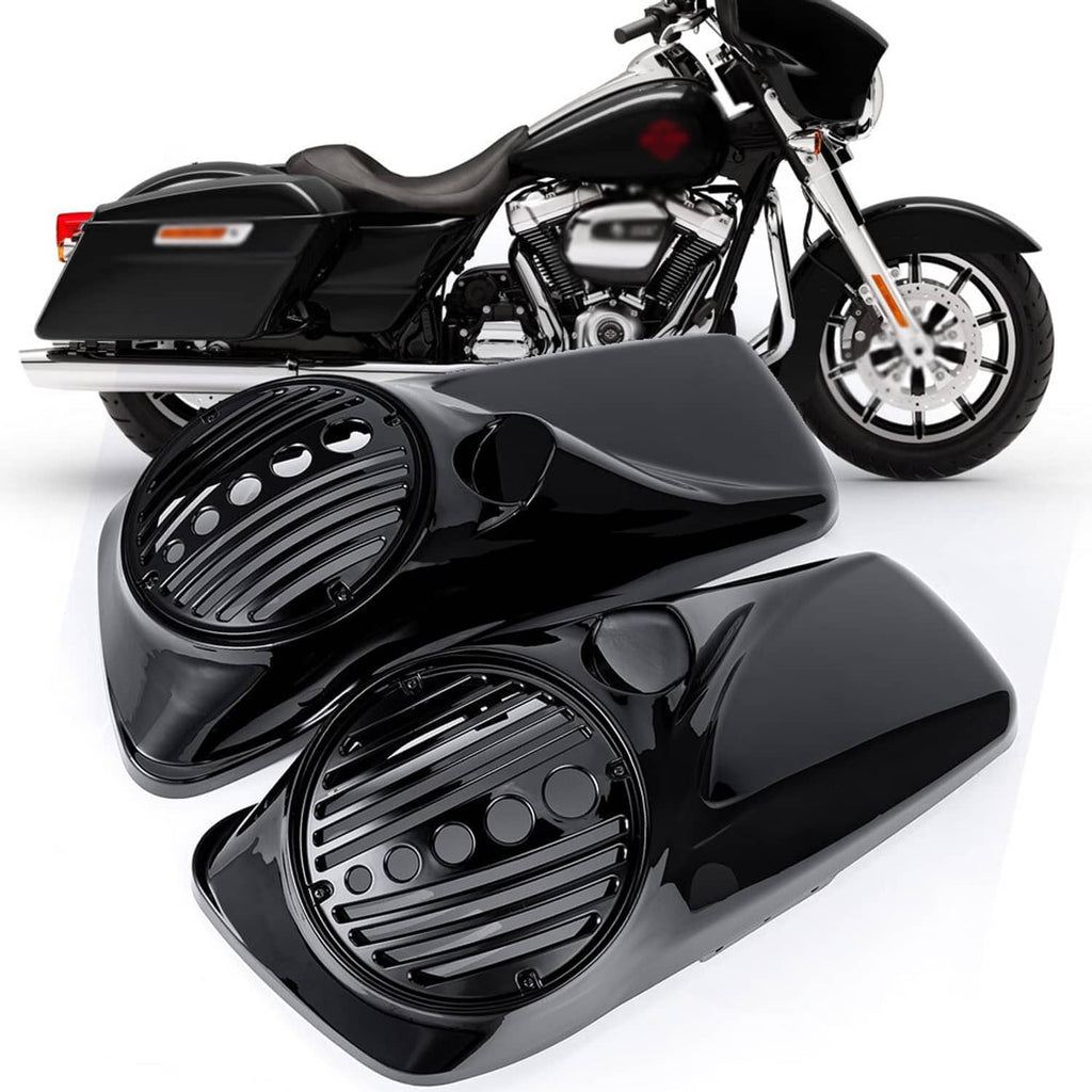 Black speaker lids with grille vents and tweeter port, front angled view
