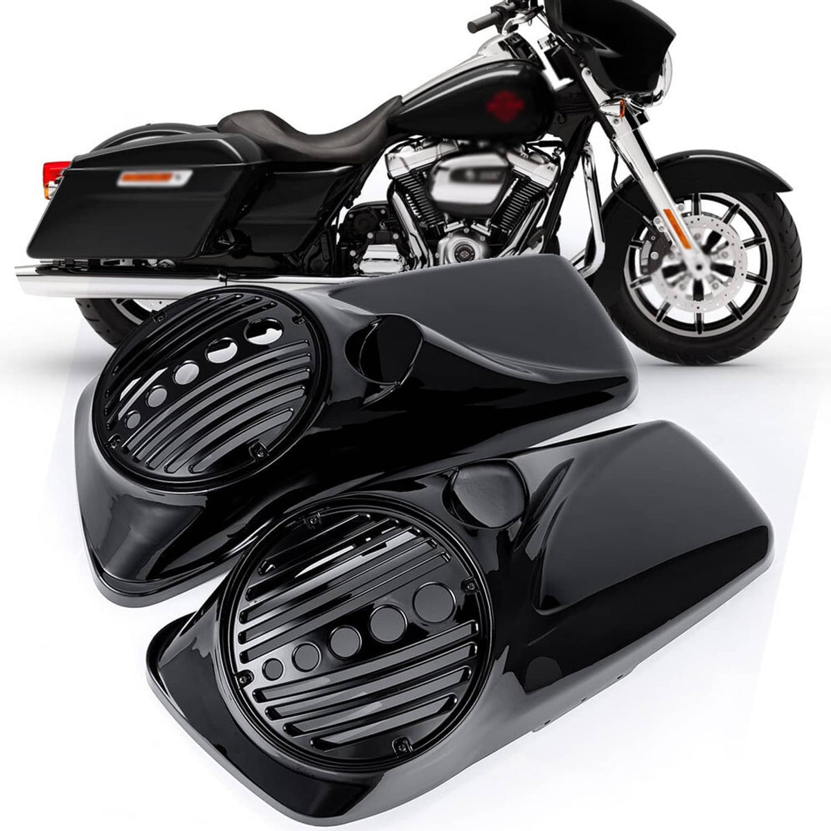 Black speaker lids with grille vents and tweeter port, front angled view