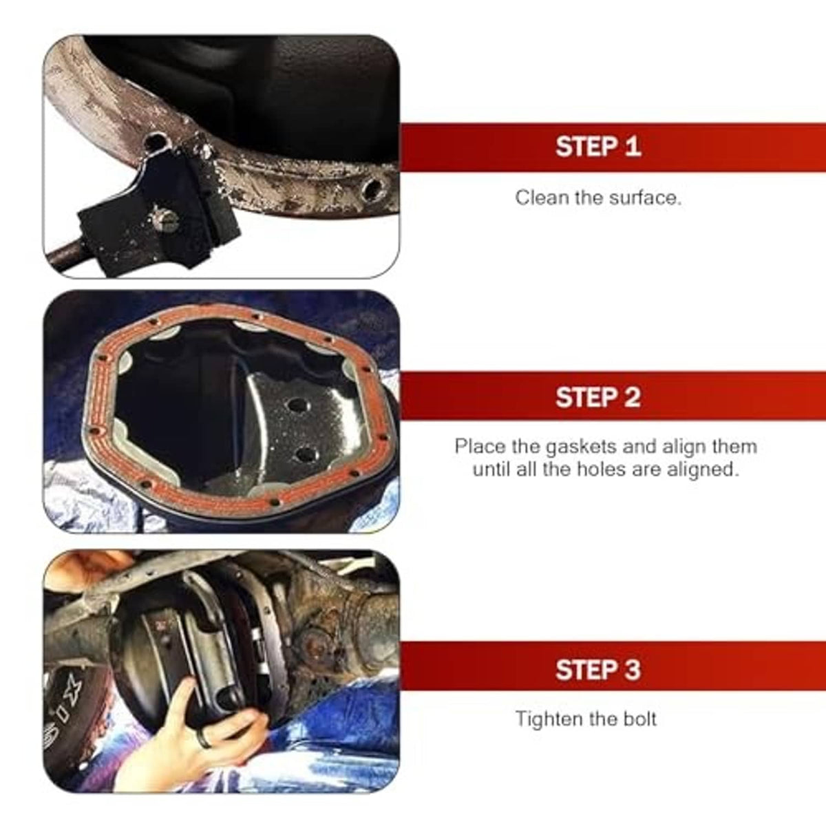 Installation steps for red gasket: clean surface, align, then tighten bolts
