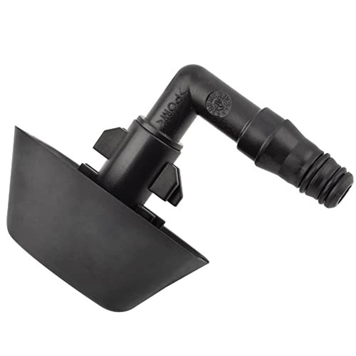 Black plastic headlight washer nozzle jet sprayer with flat mounting tab and angled outlet