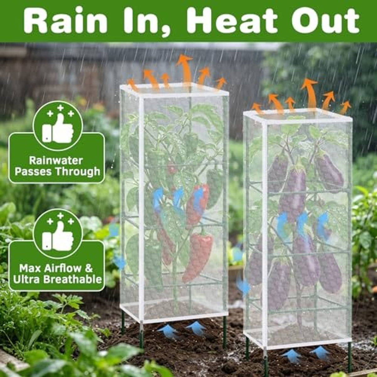 White mesh plant covers on tall frames, with breathable protection