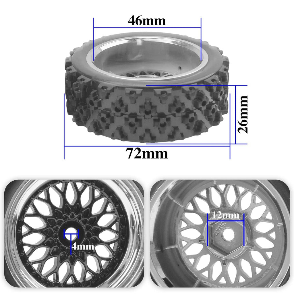 RC on-road wheel and tire size labels: 72mm tire, 46mm wheel, 12mm hex