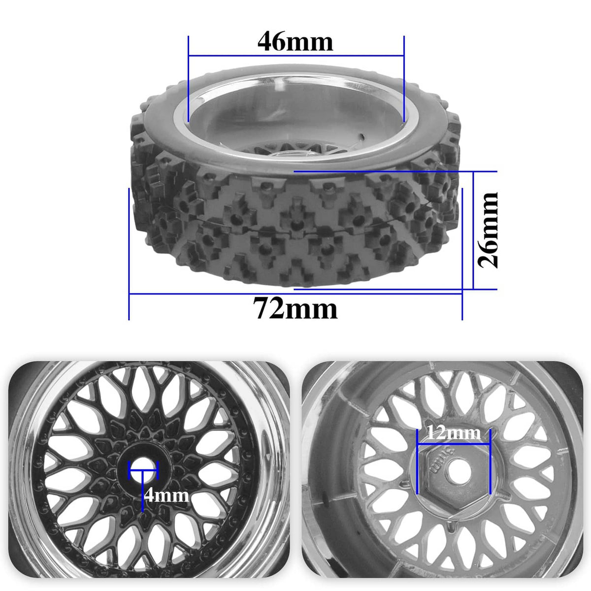 RC on-road wheel and tire size labels: 72mm tire, 46mm wheel, 12mm hex