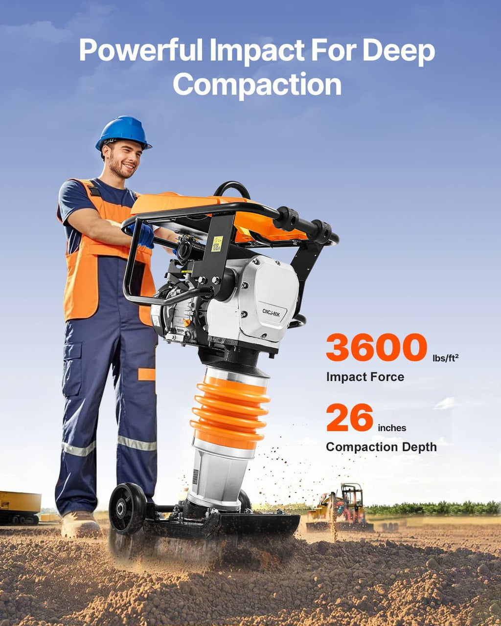 Orange vibratory rammer tamper compactor with spring shock absorber and small wheels
