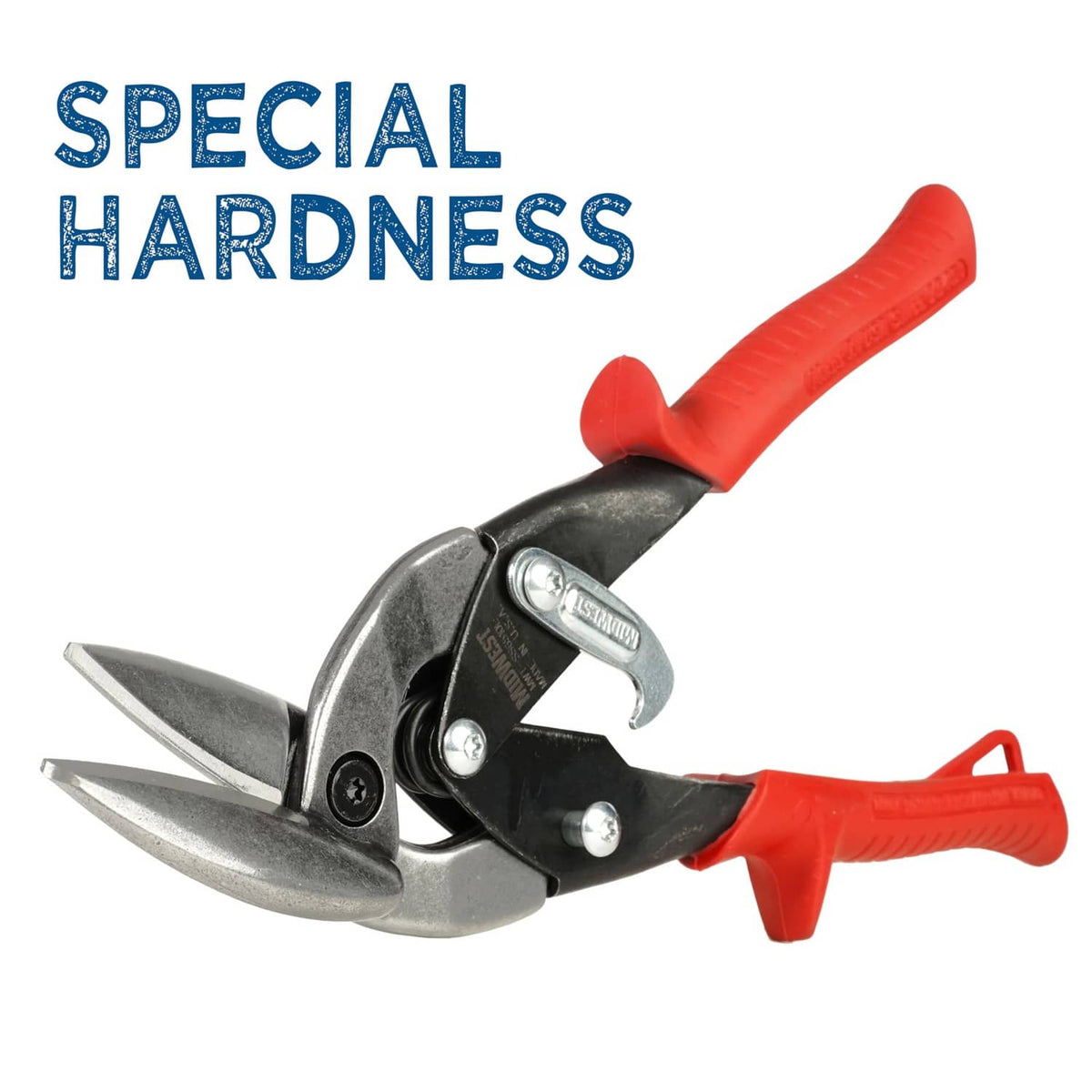 Offset aviation snips with sharp pointed steel blades and red non-slip grips