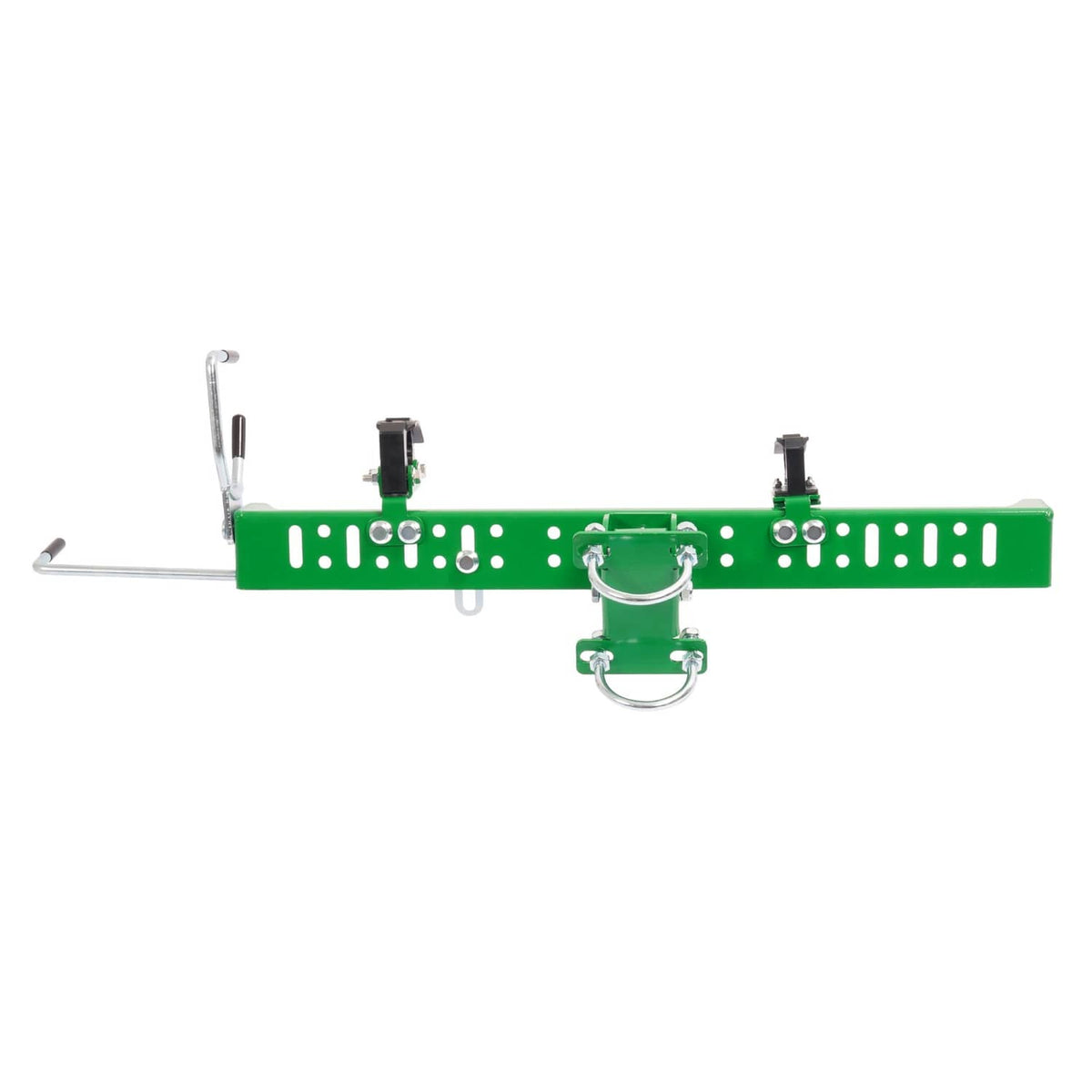 Green trimmer holder rack front view with two black mounts and U-bolt